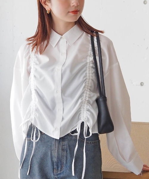 ブラウス シャツ ストレッチドロストショートシャツ レディース Honeys ブラウス シャツ ドロストショート丈シャツ レディース