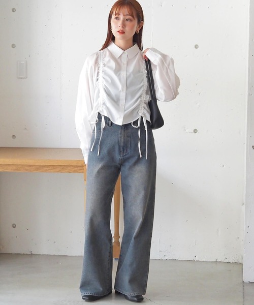ブラウス シャツ フロントドロストシャツ レディース tiptop ブラウス シャツ フロントドロストショート丈シャツ