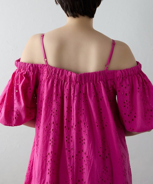 ★ほぼ新品○Indiaインド『Fabindia』ワンピース、ピンク 五分丈 SOTT ワンピース 夏 半袖 Indian cut work off shoulder one-piece