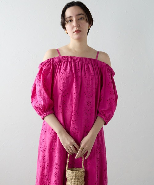 ★ほぼ新品○Indiaインド『Fabindia』ワンピース、ピンク 五分丈 SOTT ワンピース Indian cut work off shoulder one-piece インド