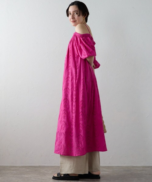 ★ほぼ新品○Indiaインド『Fabindia』ワンピース、ピンク 五分丈 SOTT ワンピース Indian cut work off shoulder one-piece インド