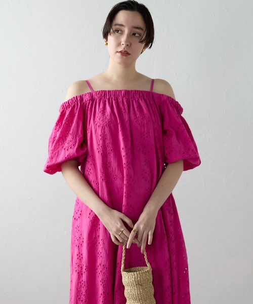 SOTT ワンピース 夏 半袖 Indian cut work off shoulder one-piece