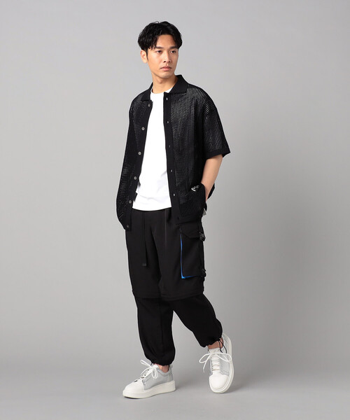 boohoo MAN 半袖 ボタン ニット カジュアル シャツ カーディガン 7分袖ボタンレスカーディガン×半袖ワッフル白Tシャツ 2枚セット
