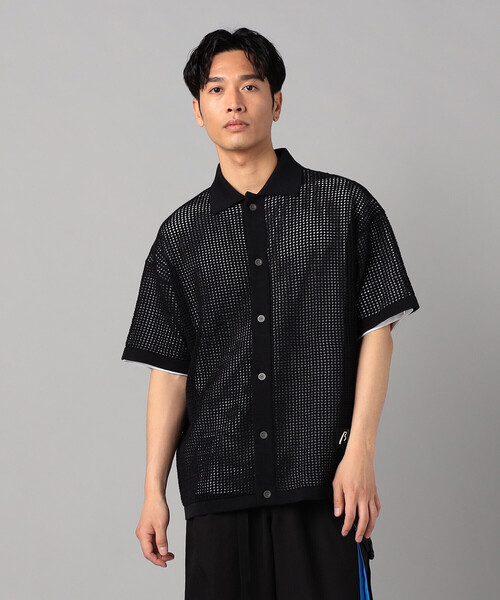 boohoo MAN 半袖 ボタン ニット カジュアル シャツ カーディガン β MEN カーディガン 半袖メッシュ シャツカーディガン メンズ