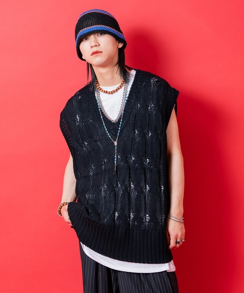 ベスト ジレ a.p.o.v. ケーブルニットオーバーサイズVネックベスト