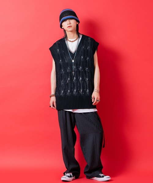 ベスト ジレ a.p.o.v. ケーブルニットオーバーサイズVネックベスト