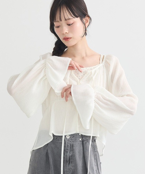 earth music&ecology ブラウス シャツ ナローリボンくしゅくしゅ