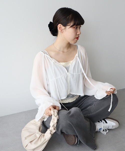 earth music&ecology ブラウス シャツ ナローリボンくしゅくしゅ