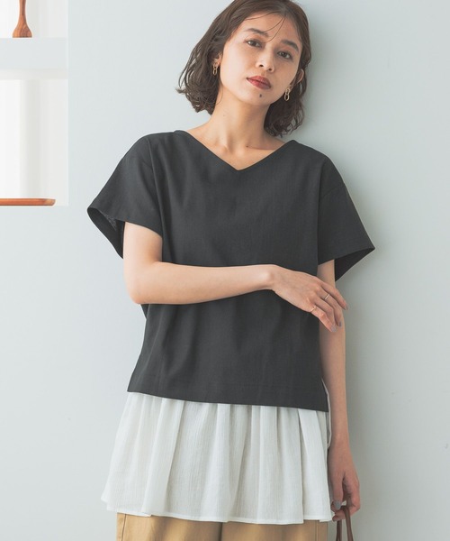 大きいサイズ　sandro　リネンコンビ　Vネックレースシフォンブラウス　黒 シフォン ブラウス 大きい サイズ」に該当する通販 - ベルーナ【公式】