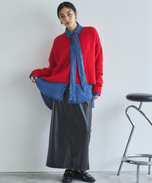 試着のみ　FENNEL バイカラーアクセント2WAYニット レッド　紺　赤 セール】Double Zip Drivers Knit / ダブルジップドライバーズニット