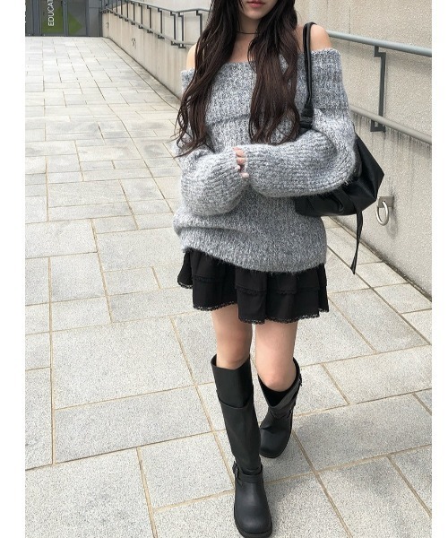 anyonemore ニット セーター シュシュ付きオフショルダールーズ