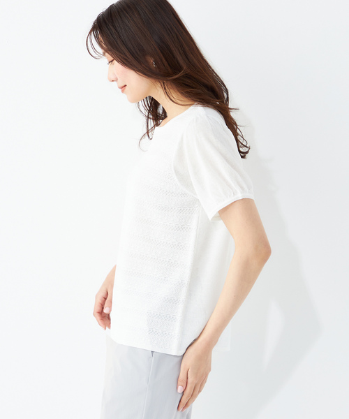 「A/C DESIGN BY ALPHA CUBIC」 半袖ニット L オフホワイト レディース_画像2