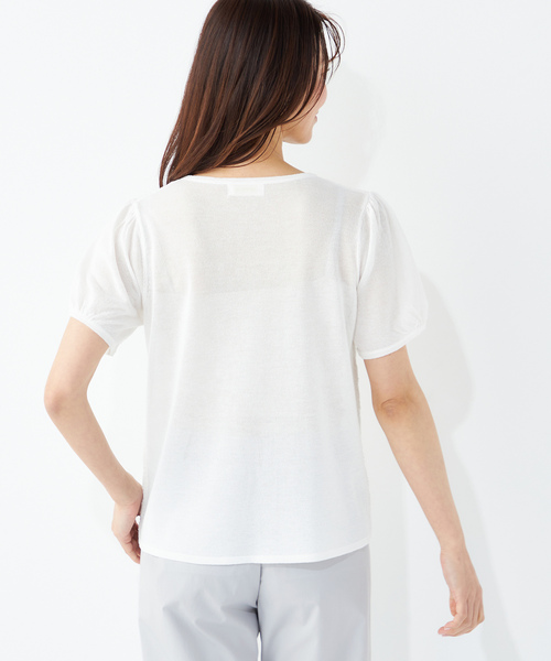 「A/C DESIGN BY ALPHA CUBIC」 半袖ニット L オフホワイト レディース_画像3