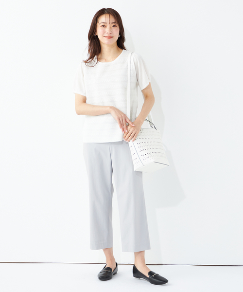 「A/C DESIGN BY ALPHA CUBIC」 半袖ニット L オフホワイト レディース_画像9