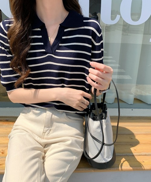 SEU tシャツ ボーダー半袖Tシャツ スキッパーネックボーダートップス