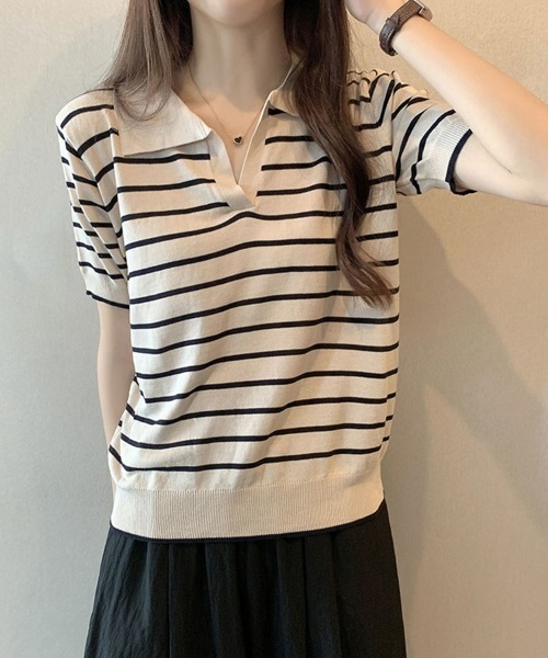 SEU tシャツ ボーダー半袖Tシャツ スキッパーネックボーダートップス 