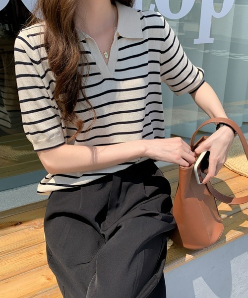 SEU tシャツ ボーダー半袖Tシャツ スキッパーネックボーダートップス 