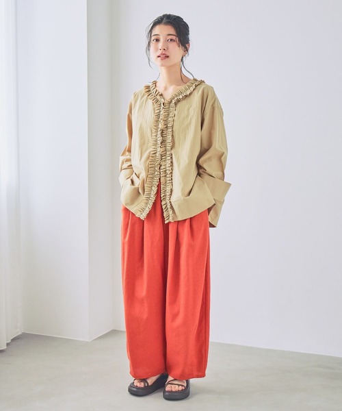 ブラウス シャツ コットンフリルワイドスリーブブラウス レディースの画像