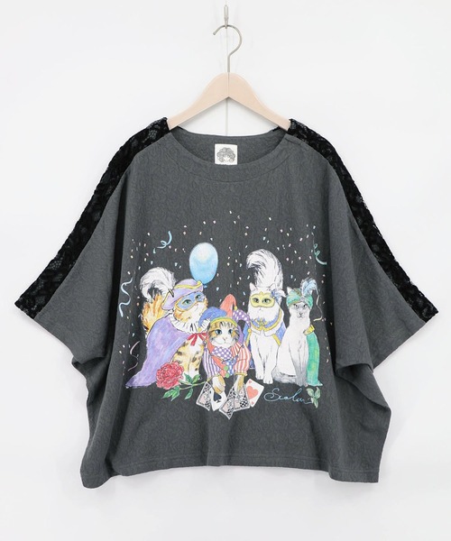 Scolar 仮面舞踏会のネコ柄 ドルマンスリーブTシャツ スカラー ScoLar 仮面舞踏会のネコ柄 ドルマンスリーブTシャツ