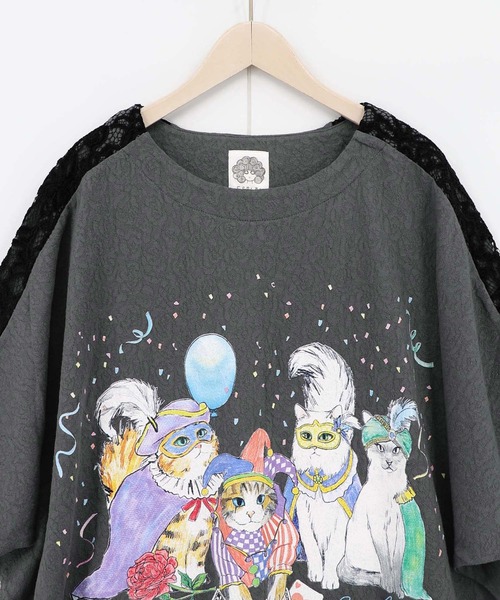 ScoLar（スカラー） tシャツ 仮面舞踏会のネコ柄 ドルマンスリーブT