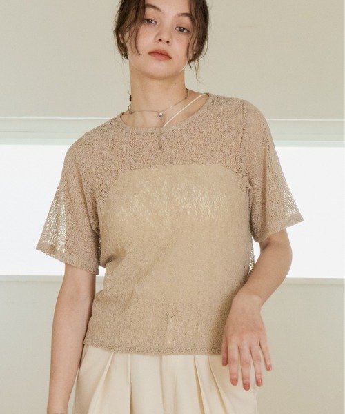 OLUN tシャツ 半袖 nuance sheer half sleeve tops/ハーフスリーブ