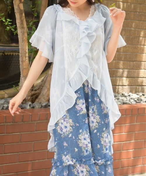 axes femme - axes femme フリルレース刺繍 カーディガン 半袖 アイスブルー axes femme（アクシーズ ファム） カーディガン フィッシュテール楊柳