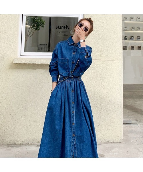 にこりんさん専用　 HYKE デニムブルー 長袖シャツワンピースsize1 セール】大人シルエット ロング丈 デニムシャツワンピース（シャツ