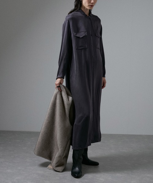 美品JEANPAUL KNOTT ブラック シャツワンピース　シルク　ストレッチ SALON adam et rope' シャツワンピース 「24AW」GENTLE SILK