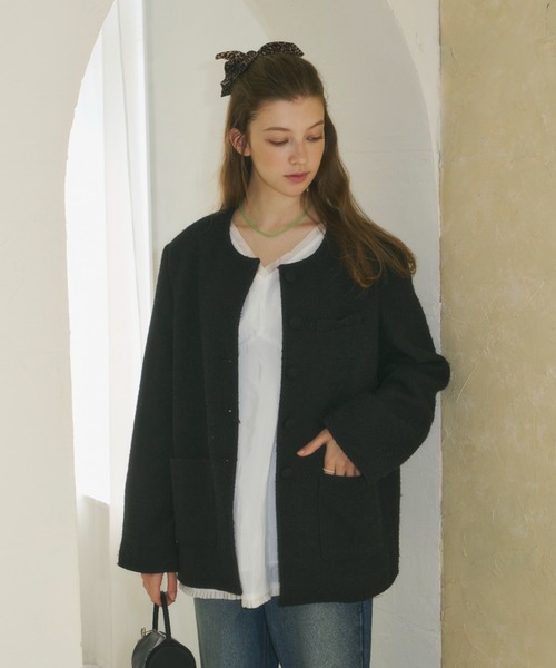 GIUNON ノーカラーコート コート collar less tweed jacket / カラー