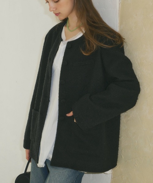 GIUNON ノーカラーコート コート collar less tweed jacket / カラー