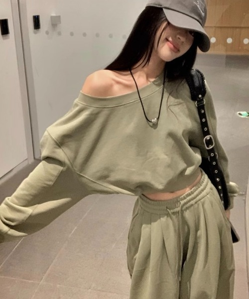 セットアップ スウェット Vネック トレーナー ワイドパンツ 1 SHEENA セットアップ セットアップ ワンショルダースウェット