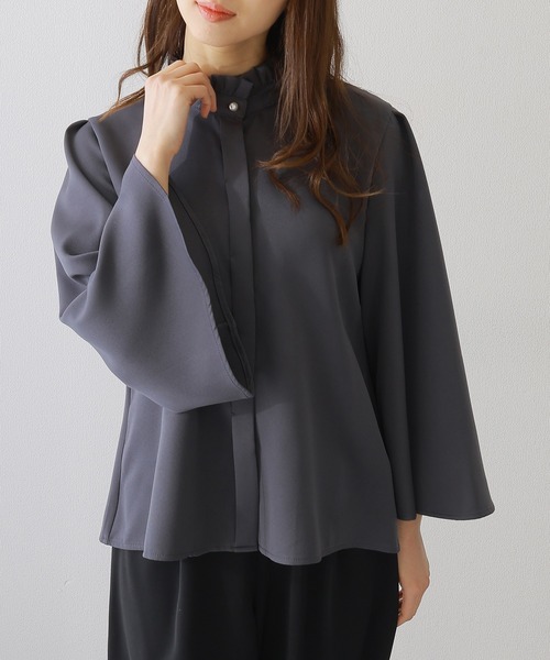 Lace Ladies ブラウス シャツ スタンド フリルカラー フレア 7分