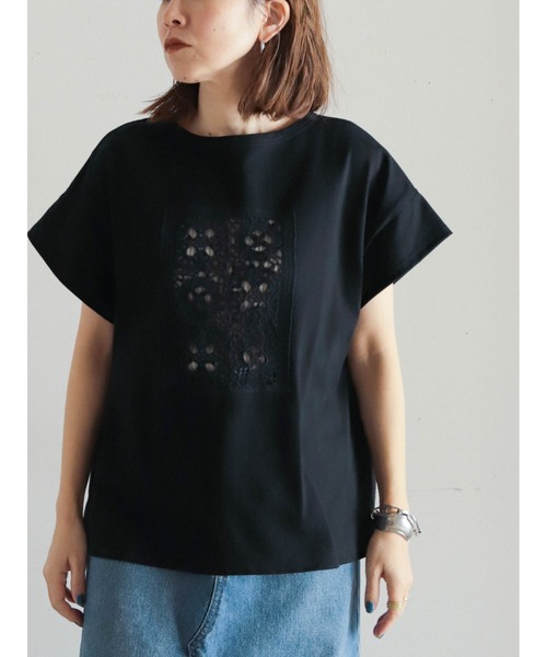 tシャツ カギ針モチーフドッキング　ボートネックP/O レディース