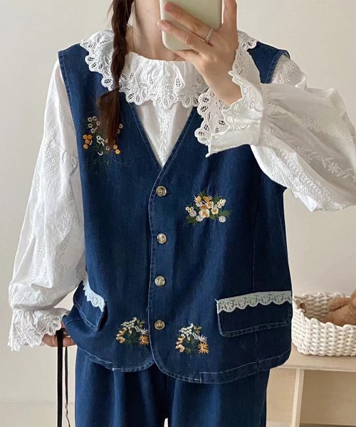 ベスト ジレ 裾フラワーデニムジレ レディース aimoha ベスト ジレ 花柄刺繍デニムベスト レディース