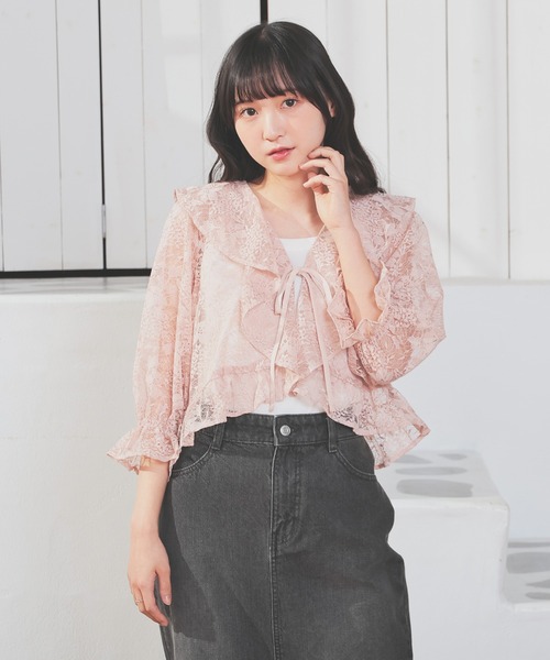 SCADAローレルピンク レース 7分袖ボレロ SCADAローレルピンク レース 7分袖ボレロ