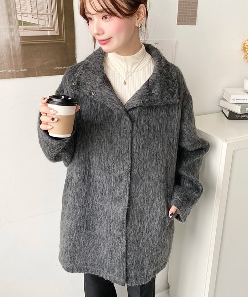 美品✨ペニーブラック　カシミヤ　モヘア　チェック　スタンドカラーシャギーコート moment+ コート アウター スタンドカラーメランジシャギーコート