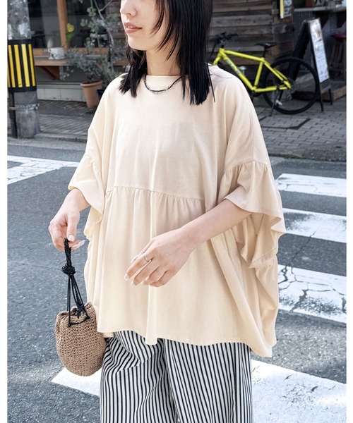 reca（レカ） tシャツ フレンチフリル袖ワイドカットソー レディース