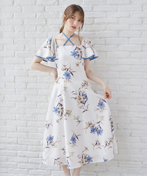 リリープリントフレアスリーブバックレースアップワンピース　ブルー tocco closet（トッコ クローゼット） ワンピース リリープリント