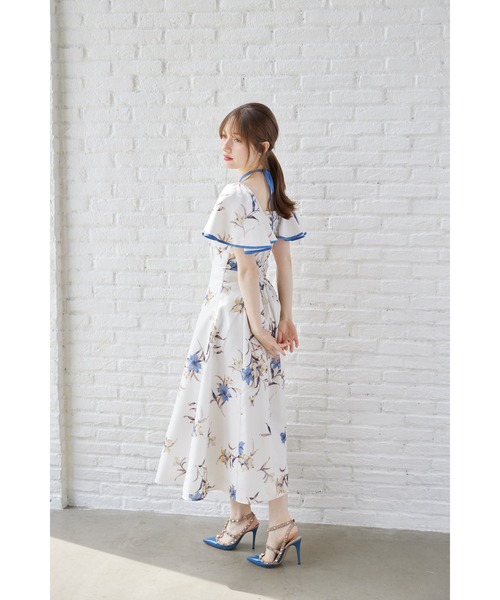 リリープリントフレアスリーブバックレースアップワンピース　ブルー tocco closet（トッコ クローゼット） ワンピース リリープリント