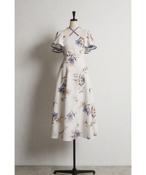 リリープリントフレアスリーブバックレースアップワンピース　ブルー tocco closet（トッコ クローゼット） ワンピース リリープリント