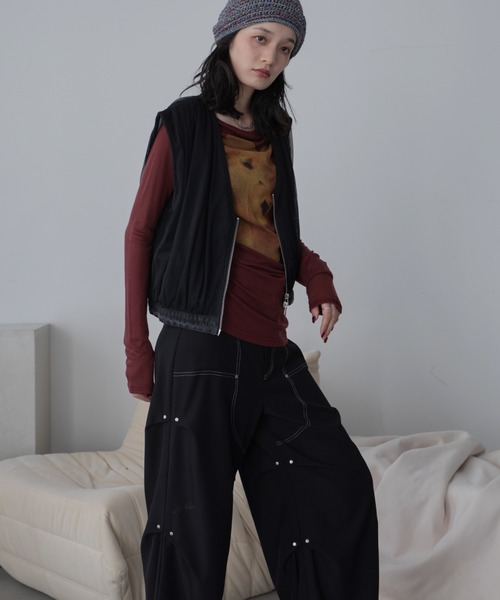 ベスト ジレ チュールドッキングデニムZIPベスト レディース
