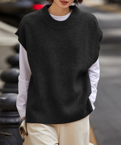 人気 チノ エクラ別注 ボリュームタートルハイネックベスト ニットベスト 黒 人気 チノ エクラ別注 ボリュームタートルハイネックベスト ニット