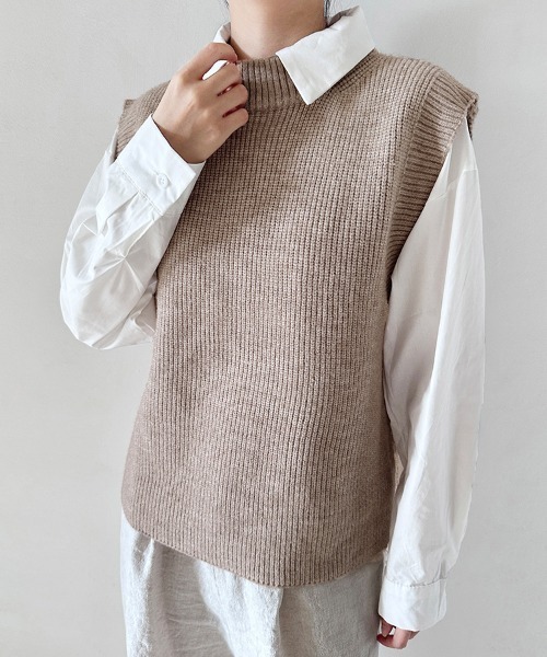 アイボリー ニットベスト ハイネック ベスト ジレ サイドスリットハイネックニットベスト レディース