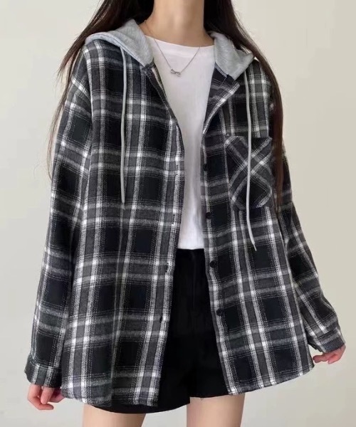 FUNdaysion tシャツ フード付きチェックシャツ レディース : ZOZOTOWN