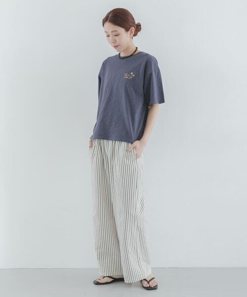 パンツ ストライプセミワイドイージーパンツ レディースの画像