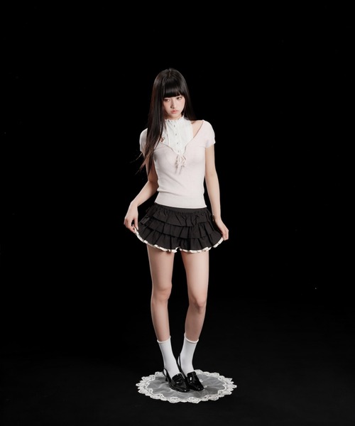 トップス ANDWANG Coquette Ribbon Knit Top ANDWANG tシャツ 半袖 Coquette Ribbon Knit Top レディース