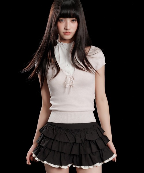 ANDWANG tシャツ 半袖 Coquette Ribbon Knit Top レディース