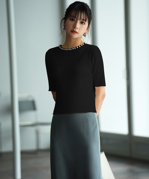 SAISON DE PAPILLON ニット セーター パールネック付きショート丈  