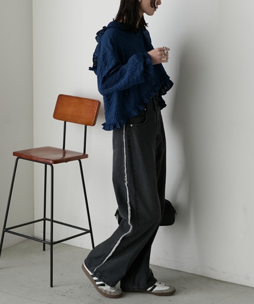 フリンジデザインデニムワイドレッグパンツ LISA」フリンジワイド【自宅で試着、返品送料無料】(XS 中濃色