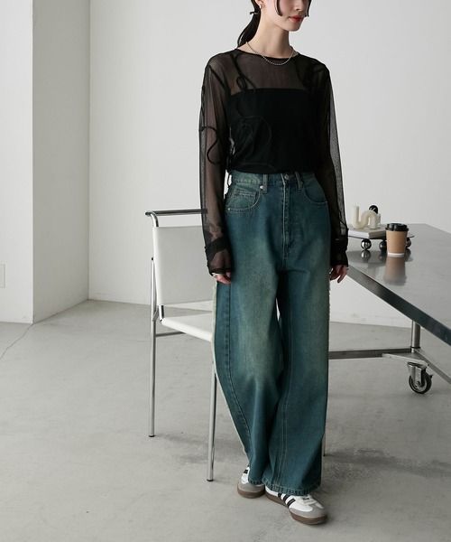 【美品】Fサイズ ワイドデニムパンツ サイド、裾フリンジ un+frame ジーンズ デニム デニムパンツ side fringe wide denim